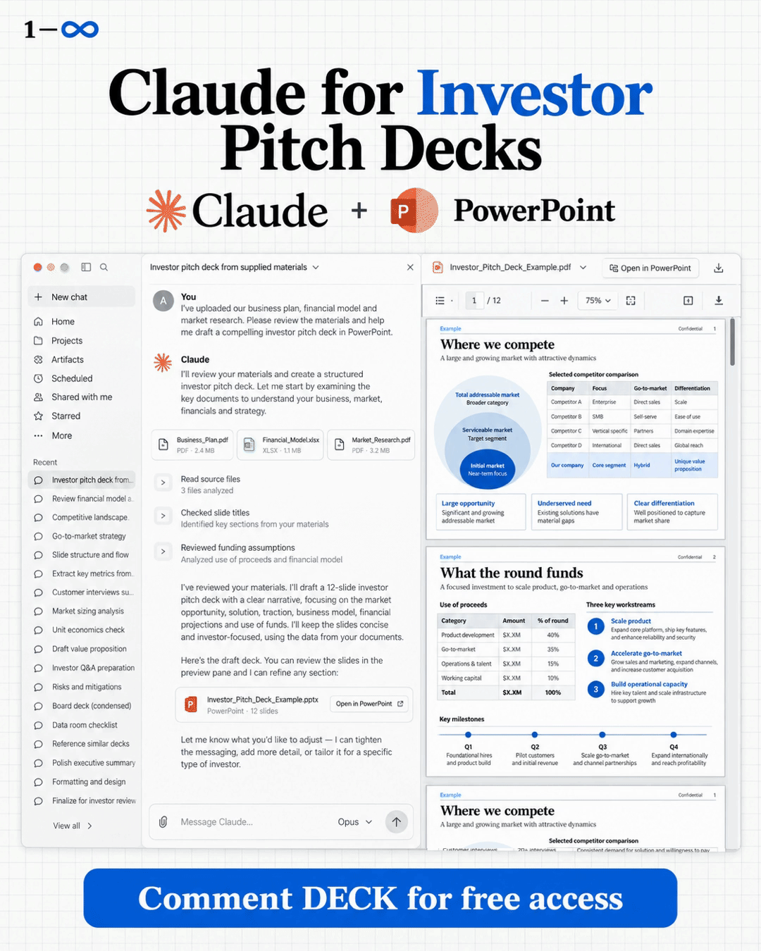 Claude investor pitch deck workflow: animated sample slides and document review